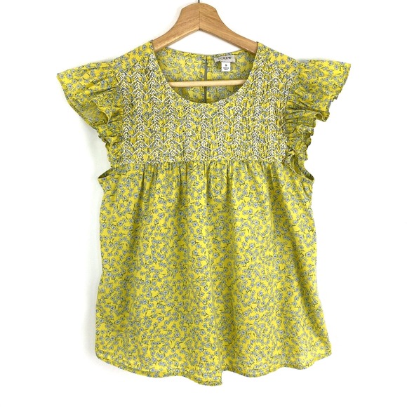 J. Crew Tops - J Crew Babydoll Top S Yellow Ditzy Floral Shirred Boho Blouse Flutter Sleeve